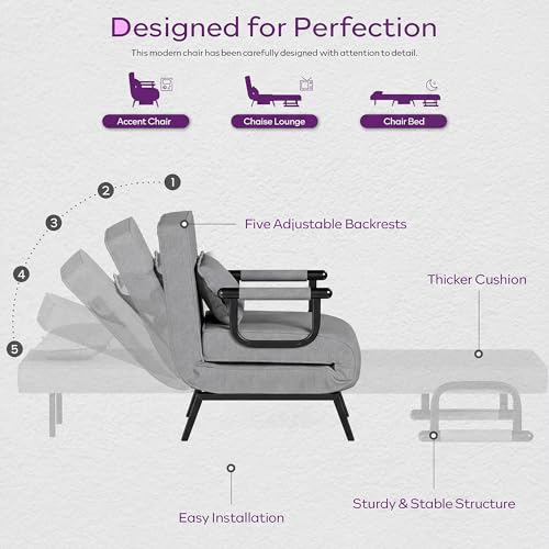 TYBOATLE Sleeper Chair Bed, Comfy Convertible Sleeper Futon Chairs for Adults, 5 in 1 Folding Bed Chair with Adjustable Backrest & Side Pockets & Pillow, Cozy Small Sofa for Small Spaces (Light Grey)