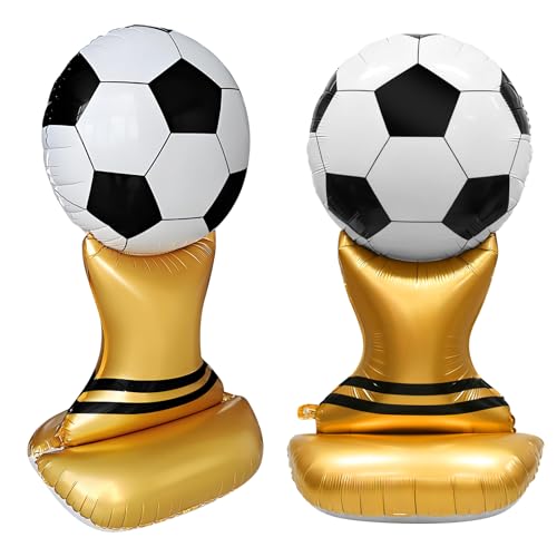 2 balões grandes de alumínio em forma de bola de futebol, ideais para decorar festas de aniversário temáticas de futebol. Kit de decoração para festas desportivas, adequado para uso interno