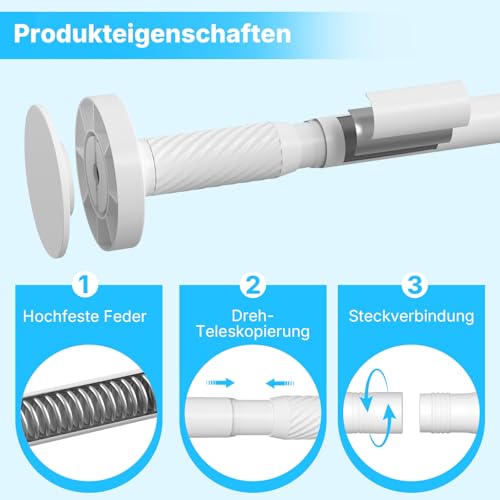 HAOYUNTE Vorhangstange Ohne Bohren 100-230cm,Gardinenstange zum Klemmen Weiß 1 Stück (Ø25 mm),Verstellbar Teleskopstange Spannstange Duschvorhangstange für Duschbad,Fenster & Balkon