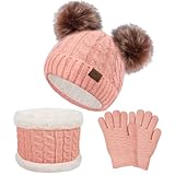 Senker Fashion Kids Winter Beanie Hat Scarf Gloves Set for Girls Boys Knit Warm Pompom Toddler Hats Mittens Neck Warmer