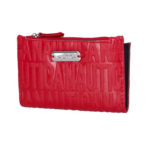 Image of Nautica High Tide Small Wallet for Women, RFID Blocking Slim Credit Card Holder with Zipper Coin Pocket, Bifold Compact Wallet with ID Window, Red Printed