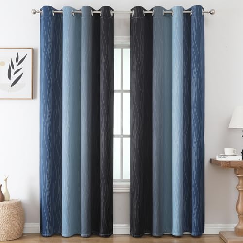 Estelar Textiler Blackout Curtains 102 Inches Long 2 Panels for Living Room, Navy Blue and Black Thermal Insulated Full Light Blocking Ombre Grommet Drapes for Bedroom, 52Wx102L