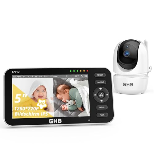 GHB Babyphone mit Kamera 5 Zoll 720P HD Display mit bis zu 168h Akkulaufzeit im VOX Schlafmodus Split-Screen-Anzeige Nachtsicht 4X Zoom Schwenkbar