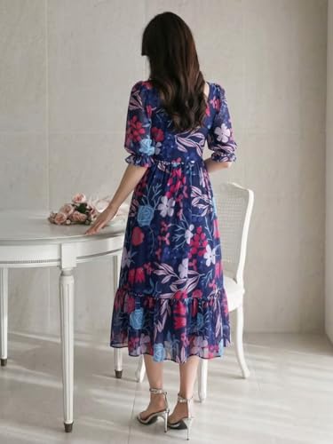 Image of SMOWKLY Women's Georgette Floral Printed Western Gown || Half Sleeve V Neck Fit & Flare Flared Hem Design || A-Line Maxi Dress Casual Wear
