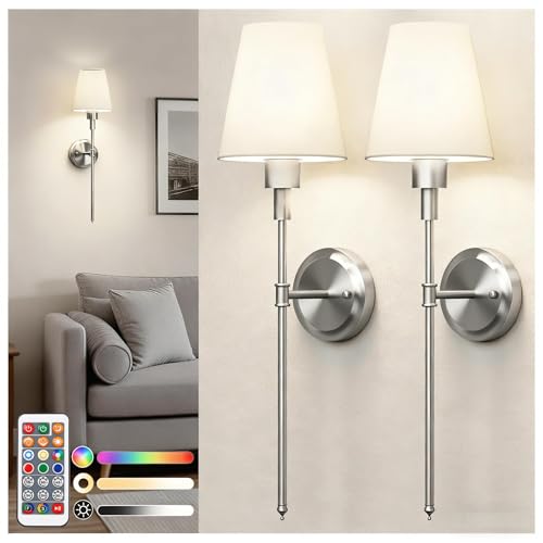 Image of DORESshop Battery Operated Wall Sconce Set of 2, Wireless Wall Light Easy to Install, 7 Color Rechargeable Wall Sconces, Sconce Wall Decor Set of 2 for Bedroom, Living Room, Nickel, 24.6in