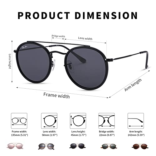 Pro Acme Double Bridge Round Sunglasses For Women Men 100% Crystal Real Glass Lens Retro Uv400 Protection Retro Circle Sun Glasses (Black/Grey/Non Polarized) #TOP3