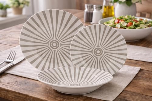Servizio Piatti 18 Pezzi Tortora – Design Raggi di Sole – Piatti Piani 23 cm, Fondi 20 cm, Frutta 19 cm – Set Tavola in Ceramica per 6 Persone