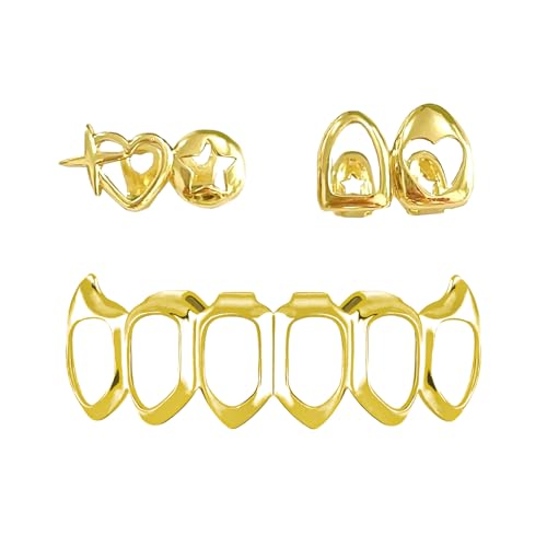 3PC Gold Grillz Set Open Face Hip Hop Teeth Jewelry Gold Plated Dental Caps for Top Bottom Removable Grills for Men Women (gold)