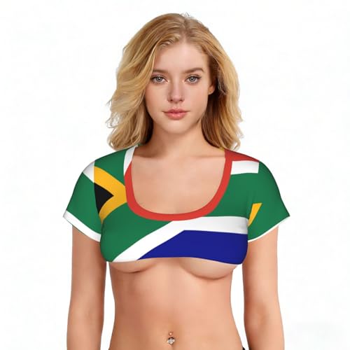 JIPOFD South African Flag Print Trendy Crop Tee Womens Short Sleeve Patterned Scoop Mini Club Holiday Shirt Party Apparel