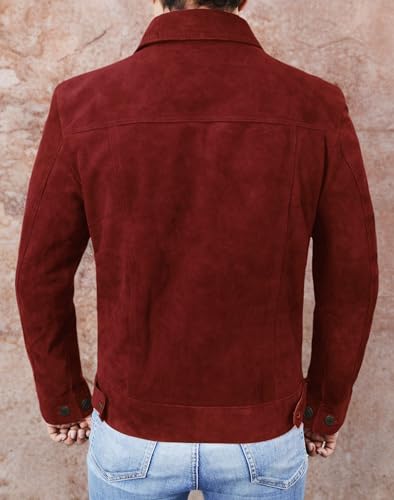 Image of Mens Premium Brown Suede Leather Trucker Jacket - Vintage Classic Motorcycle Western Goat Leather Coat