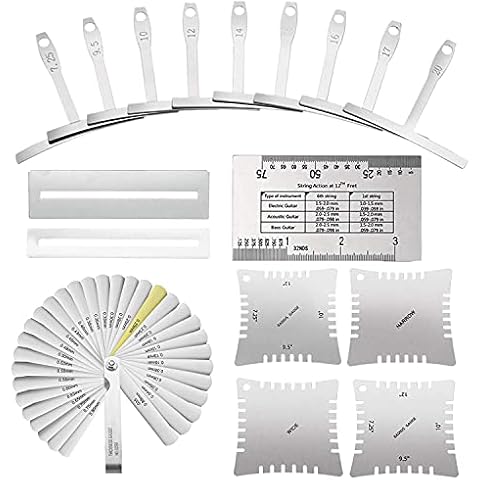 TIMESETL 17 Pcs Guitar Luthier Tools Including 4 Guitar Notched Radius Gauges, 9 Understring Radius Gauge Luthier Tools, 32 Blades Feeler Gauge, String Action Gauge Ruler and 2 Fingerboard Guards Cover