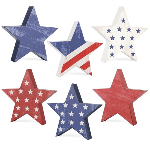 COCHIE 4th of July Decorations Wooden Star Set of 6 Labor Day Decor Patriotic Memorial Day Tiered Tray Decor Red White and Blue Veterans Day Decorations for Home Office Table Shelf (Vintage)