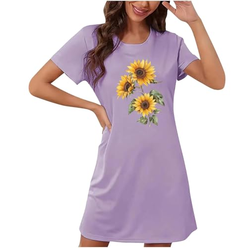 Women's Short Sleeve Nightgown Fashion Crewneck T-Shirt Nightdress Casual Floral Print Soft Loungewear Sleepwear Purple