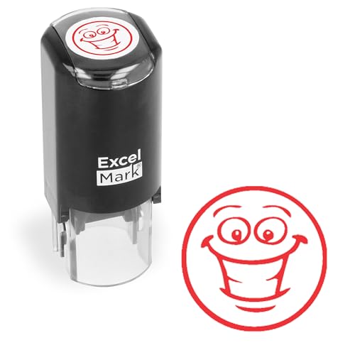 ExcelMark Smiley Face - Self-Inking Round Teacher Stamp - Red Ink