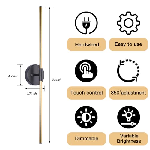 Tefiohen Wall Sconces Set of Two,Wall Lamp Stepless Colors 3000K-6000K & Stepless Dimming, Hardwire, 350° Rotate, LED Wall Light, 30 Inches(Gold) - Image 6
