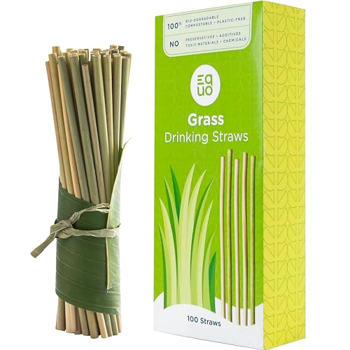 EQUO Grass Straws, Disposable, Biodegradable, Compostable, and Plastic-Free Drinking Straws, Pack of 100, Standard