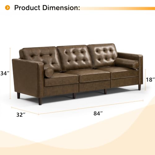 Image of 84 inch Premium Faux Leather 3-Seat Sofa w /2 Bolster Pillows and Tufted Backrest, Mid-Century Modern Sofa, Luxury Couch for Living Room, Bedroom, Office, Coffee Brown