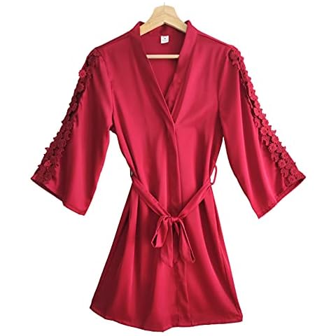 Laura Lily - Pijamas de Seda Satén con Encaje Floral Rojo Cover