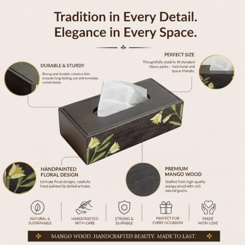 Image of Aurum Crafts Mirra Handpainted Wooden Tissue Box Holder | Mango Wood Decorative Napkin Dispenser | Tabletop Tissue Case for Home, Living Room, Office & Dining Decor | Size: 10 x 5 x 3 inches