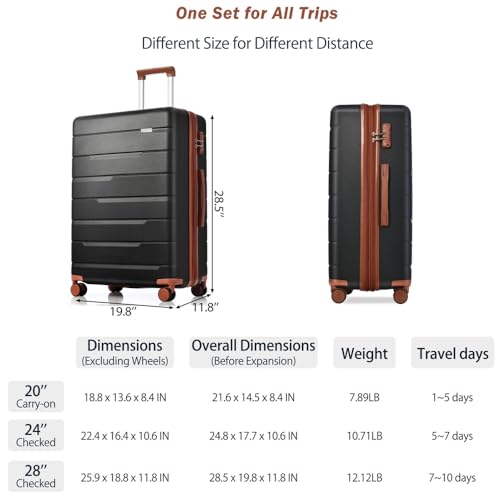 Luggage Sets 3 Piece Suitcase Set 20/24/28,Carry on Luggage Airline Approved,Hard Case with Spinner Wheels, Black and Brown3