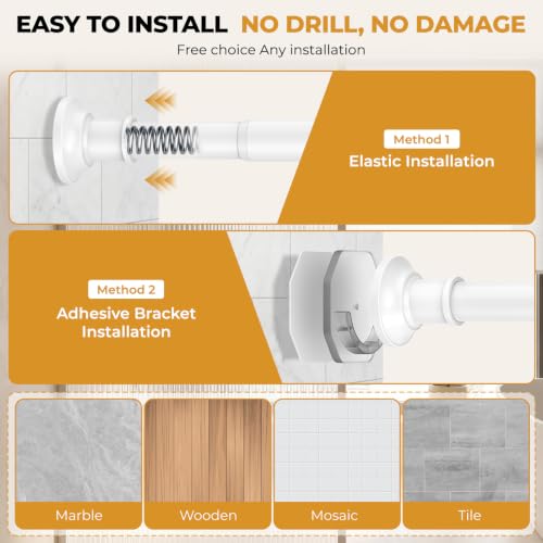 Image of Heavy Duty White Shower Curtain Rod 30-100 In AdjustableTension Curtain Rod | No Drilling for Windows Bathroom Outdoor Closet 1.1 inch Dia Spring Stainless Steel Rustproof Anti-Slip Easy Installation