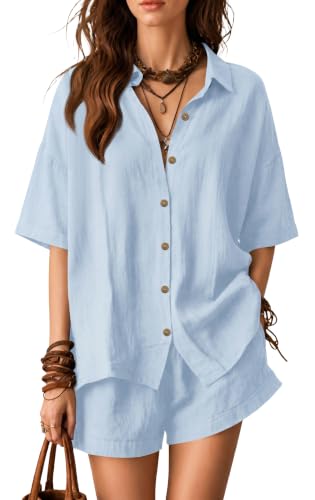 GUNEST Short Sets for Women Summer Cotton Button Down Shirt Sets Blue S