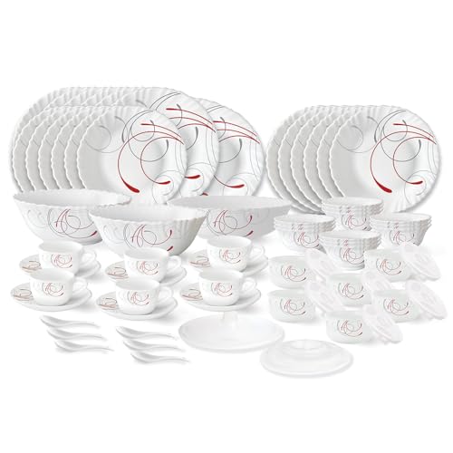 Image of Larah by Borosil Boro Fluted Series Opalware Dinner Set | 66 Pieces for Family of 6 | Microwave & Dishwasher Safe | Bone-Ash Free | Crockery Set for Dining & Gifting | Plates & Bowls | White