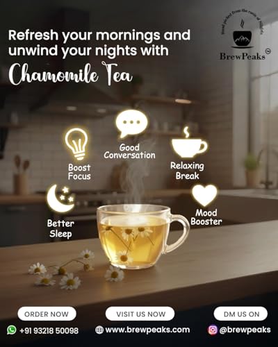 Image of BrewPeaks Organic Chamomile Flower Tea | 100% Natural Dried Flowers | Caffeine-Free Herbal Tea for Relaxation, Better Sleep, Calming Mind & Digestion Support | Anti-Inflammatory Loose Tea (25g)