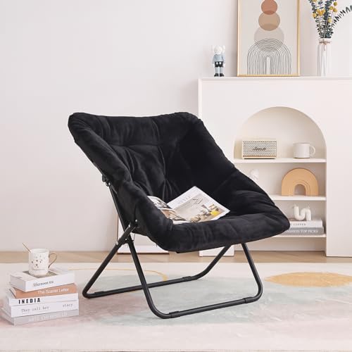 Tiita Untertassenstuhl ohne Ottomane, weicher übergroßer Klappstuhl aus Kunstfell, weicher pelziger Loungesessel, Mondstuhl mit Metallrahmen für Schlafzimmer, Wohnzimmer, Wohnheim, Garten und Hof