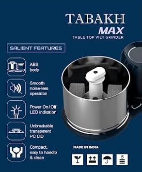 Tabakh Max 2-Liter Stone Wet Grinder with Atta Kneader & Coconut Scraper, 110V, Gray