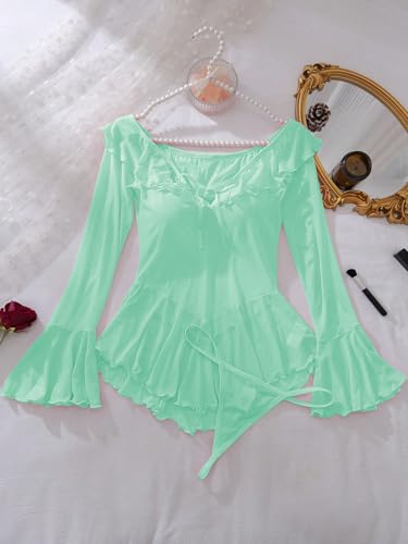 Image of OYOANGLE Women's 2 Piece Off Shoulder Long Sleeve Ruffle Mesh Sheer Nightgowns with Thongs Babydoll Lingerie Set