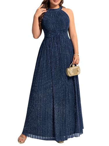 Ever-Pretty Plus Women's Floor Length A-Line Halter Sleeveless Pleated Glitter Plus Size Formal Dress Evening Gown