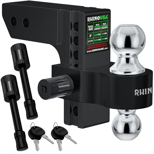 Rhino USA Adjustable Trailer Hitch (2.5-Inch Receiver) - Heavy Duty Aluminum Tow Hitches with 6-Inch Drop/Rise for Truck (18,500 LBS GTW) - Weatherproof Double Anti-Theft Locking Hitch Pins (Black)