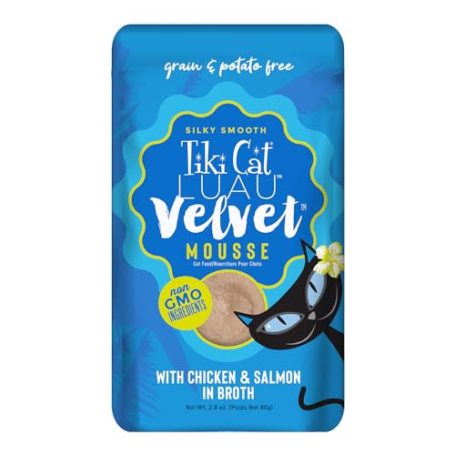 Tiki Cat Luau Velvet Mousse, Chicken & Salmon in Broth, Complete Nutrition for Balanced Diet, Wet Cat Food For All Life Stages, 2.8 oz. Pouch (Pack of 12)