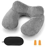 HITSZS Inflatable Travel Pillow for Airplane Inflatable Neck Pillow for Traveling with Soft Velvet Washable Cover for Sleeping, Airplane,Train, Car, Office, Contoured Eye Masks, Earplugs (Grey)