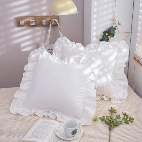 Zhobeor RUFFLE PILLOW SHAM 100% Cotton Ruffle Pillow Case, 18X18 Inches White Throw Pillow Covers Square Cushion Cases With Ruffle Cotton Shabby Chic Rustic Pretty Vintage Bed Euro Pillow Cases Cute Plain- 2 Pack thumb #2
