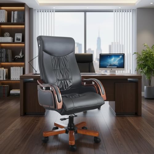 Image of Lakdi The Furniture Co Premium Leatherette Office Chair, High Back Ergonomic Home Office Executive Chair with Cushion Seat & Heavy Duty Wooden Handle and Base Presidential Revolving Chair (Brown)