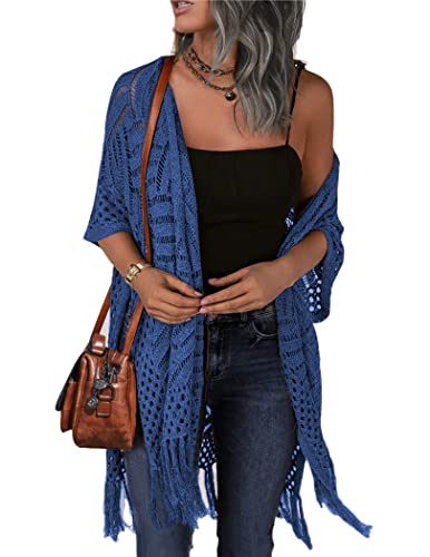 Image of HOTOUCH Womens Knit Cardigan Open Front Outwear Hollow Out Crochet Tassel Lightweight Kimonos Sweater S-XXL