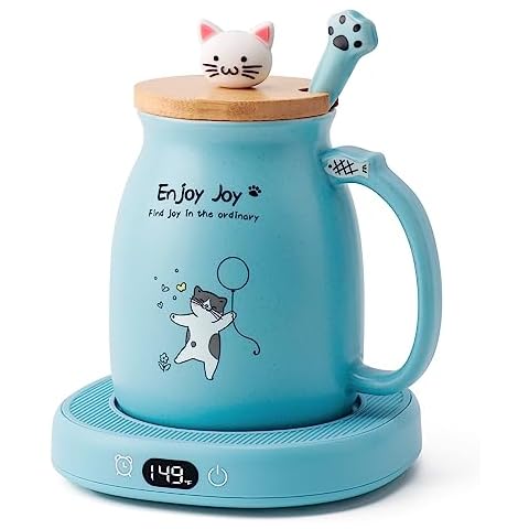 Bsigo Coffee Mug Warmer & Cute Cat Mug Set, Candle Mug Warmer for Home & Office, Electric Smart Coffee Warmer for Desk, Beverage Tea Coffee Cup Warmer with 3-Temp Settings, 8H Auto Shut Off, Blue Cover