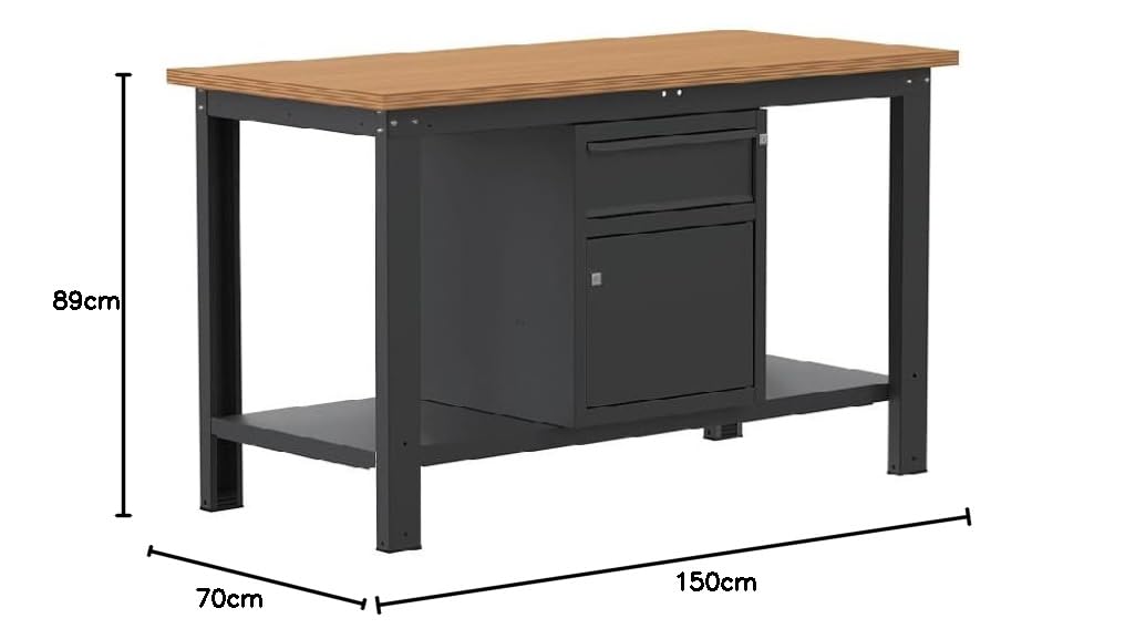 SOGI X3N_103L Werkbank - 1,5 m - Holzplatte - Schrank mit Tür und Schublade - Anthrazitgrau, Holzbock