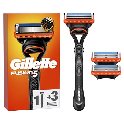 Gillette Fusion5 Maquinilla De Afeitar Para Hombre, 1 Maquinilla De Afeitar Gillette, 3 Recambios, Con Banda De Gel Lubricante Para Un Deslizamiento Suave Y Hojas 5 Para Un Afeitado Apurado Duradero