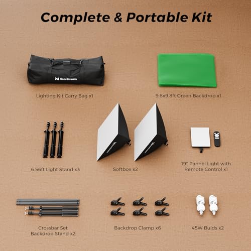 Image of NearStream VK40 Professional Photography Lighting Kit with 9.8x9.8ft Green Backdrop with Stand, 24 inch Softbox Kit, 19 inch Pannel Light with Remote Control, Studio Equipment for Video Shoot /Photography