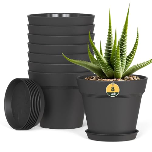 Plastic Plant Pots Indoor, 8 Pack 4Inch/10CM Small Plant Pots Flower Pot with Drainage Holes and Tray,Modern Decorative Planter Pot for All House Plants(Black)