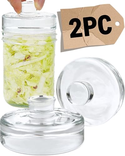 Glass Fermentation Weights - 2 Pack 7.1oz/202g Heavy Clear Glass with Easy Grip - Smooth & Non-Porous Pickle Weights for Wide Mouth Mason Jars