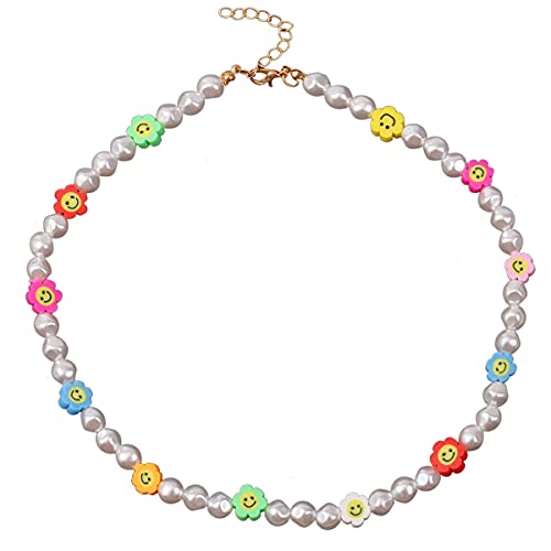 Smiley Face Flower Pearl Necklace Rainbow Candy Clay Beads Noodles Necklace for Women Girls (Style 4)
