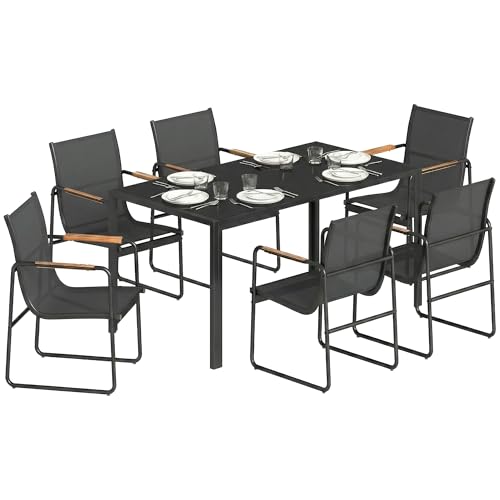 Outsunny Ensemble de Salle à Manger d'Extérieur 7 Pièces pour 6 Personnes, Table en Verre et Chaises avec Accoudoirs Décoratifs, Mobilier de Jardin en...