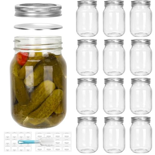 CulnCraz 16 oz Glass Regular Mouth Mason Jars, 12 Pack Wide Mouth Glass Canning Jars with Silver Aluminum Lids and Bands, Airtight Jars for Food Storage, Canning, Fermenting, Pickling, Decor