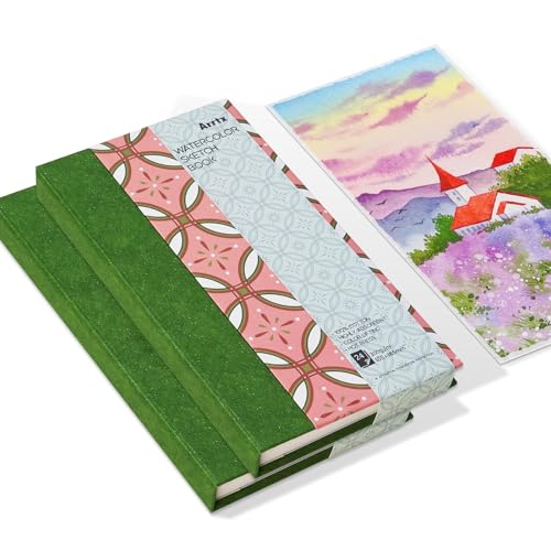 2 Pack Arrtx Watercolor Journal, 7.28x4.13'', 140 LB, 300 GSM, 100% Cotton Paper, Hot Press, 48 Sheets, Hardcover Watercolor Sketchbook for Use As Travel Notebook for Artists Adults Students