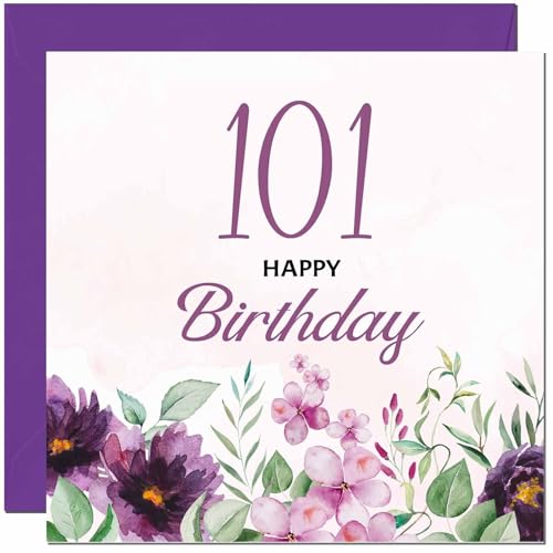 101st Birthday Card for Men women - Purple Floral Birthday Card for 101 Year old Woman Ladies Grandma Nan Mum Aunt Nan Friend Sister Nanny