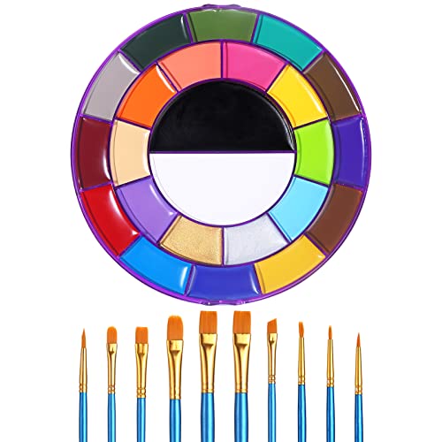 BOBISUKA Palette de peinture pour le visage corps 24 couleurs + 10 Pinceaux professionnels Bleus à base d'huile Peinture corporelle Non-toxique adultes enfants Halloween Carnaval Fête Cosplay Scène Cover